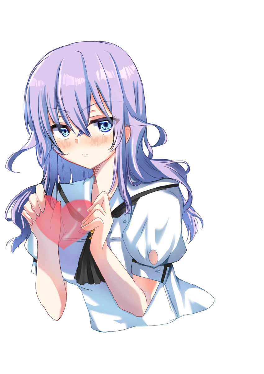 1girl ascot black_ascot blue_eyes blush closed_mouth commentary_request cropped_torso crossed_bangs eyelashes frown hair_between_eyes hair_over_shoulder hands_up heart highres holding holding_heart long_hair looking_at_viewer puffy_short_sleeves puffy_sleeves purple_hair sailor_collar school_uniform shirt short_sleeves sidelocks simple_background solo sorakado_ai summer_pockets tsurime v-shaped_eyebrows wavy_hair white_background white_sailor_collar white_shirt yaki-ayato