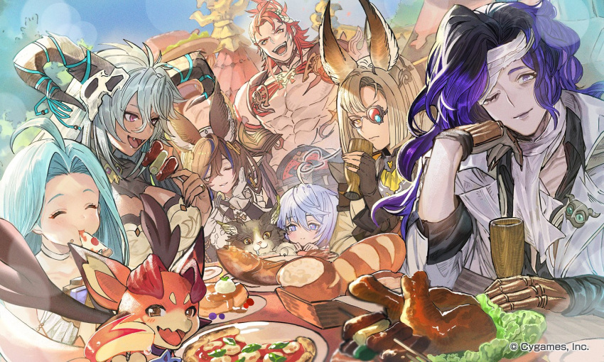 4boys 5girls ^_^ ahoge apple aqua_hair artist_request black_hair blue_eyes blue_hair bowl_cut bread breasts brown_eyes brown_hair closed_eyes cup draph erune ewiyar_(granblue_fantasy) fangs fediel_(granblue_fantasy) fingerless_gloves fish food fruit galleon_(granblue_fantasy) glasses gloves granblue_fantasy green_hair grin hair_ornament head_rest horns jewelry kebab large_breasts light_blue_hair long_hair lu_woh_(granblue_fantasy) lyria_(granblue_fantasy) meat multicolored_hair multiple_boys multiple_girls official_art one_eye_closed open_mouth orologia_(male) pink_eyes pizza purple_eyes purple_hair red_hair ring skull_hair_ornament smile streaked_hair upper_body vyrn_(granblue_fantasy) wamdus_(granblue_fantasy) wilnas_(granblue_fantasy) yellow_eyes