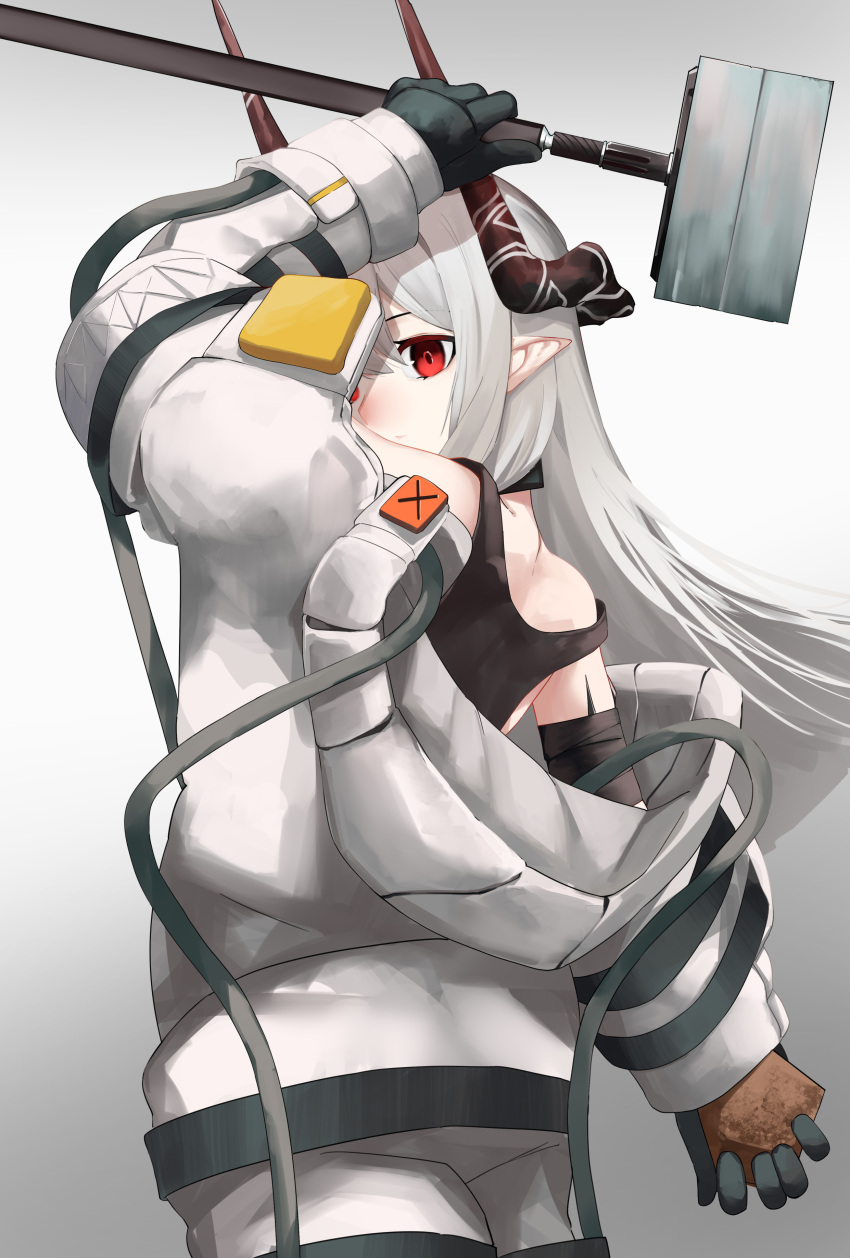 1girl absurdres ao_oni_(onioni-aoi) arknights arm_up bandaged_arm bandages black_gloves black_sports_bra brown_horns closed_mouth commentary_request cowboy_shot expressionless from_behind gloves gradient_background grey_background grey_hair grey_jacket hammer highres holding holding_hammer holding_rock holding_weapon hood hood_down hooded_jacket horns jacket long_hair long_sleeves looking_at_viewer looking_back mudrock_(arknights) mudrock_(elite_ii)_(arknights) off_shoulder one_eye_covered oripathy_lesion_(arknights) pointy_ears red_eyes rock sledgehammer solo sports_bra strap_slip tank_top weapon white_background