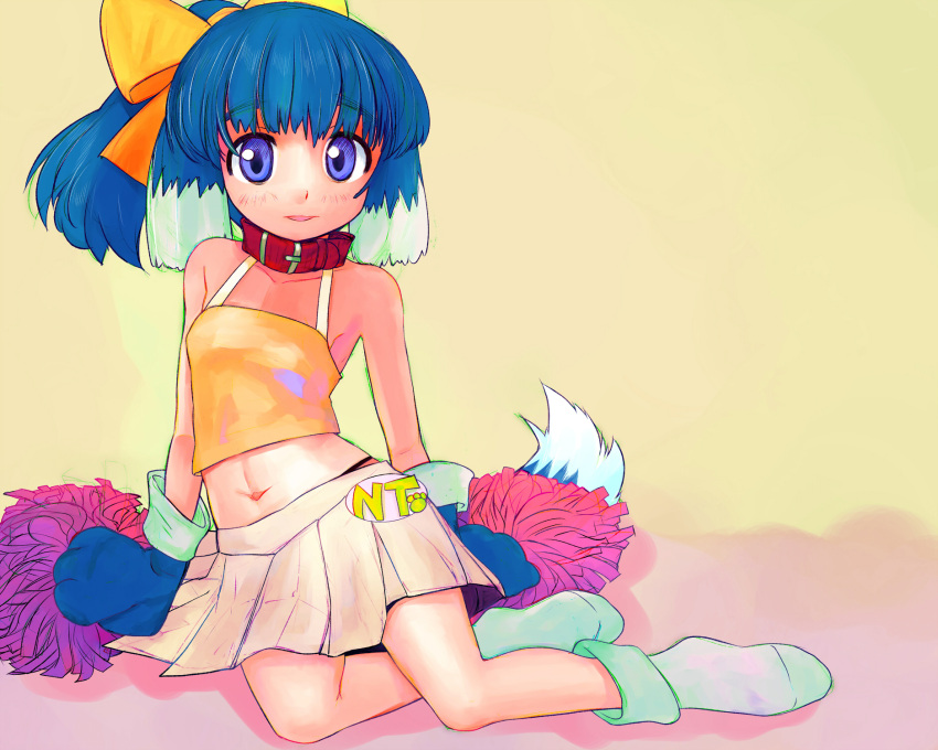 1girl animal_collar animal_ears animal_hands aqua_socks bare_shoulders blue_hair blue_tail bobby_socks bow breasts camisole collar collarbone dog_ears dog_girl dog_tail floppy_ears gloves hair_bow highres inu-t looking_at_viewer medium_hair miniskirt multicolored_tail navel nt-tan open_mouth os-tan paw_gloves pleated_skirt pom_pom_(cheerleading) ponytail purple_eyes red_collar sitting skirt small_breasts smile socks solo tail tsukiyono_aroe white_skirt white_tail yellow_bow yellow_camisole yokozuwari