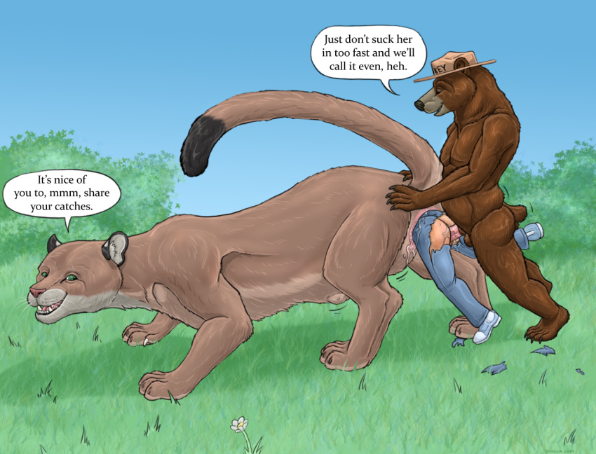 2014 abdominal_bulge anthro anthro_on_feral anthro_penetrating anthro_penetrating_female anthro_penetrating_feral anthro_penetrating_human balls bear bestiality bodily_fluids body_in_pussy bottomwear brown_body brown_eyes brown_fur cast_shadow claws clothed clothed_sex clothing cougar countershading detailed_background dialogue dipstick_tail english_text erection felid feline female female/female female_penetrated female_pred female_prey feral feral_penetrated feral_pred finger_claws flower footwear from_behind_position fur furry_tail genital_fluids genitals grass green_eyes group group_sex hand_on_another's_butt hand_on_butt hat hat_only headgear headgear_only headwear headwear_only human human_on_anthro human_penetrated human_prey interspecies larger_anthro larger_female larger_feral larger_male larger_pred lifted long_tail male male/female male_on_feral male_penetrating male_penetrating_female male_penetrating_feral male_penetrating_human mammal markings mostly_nude motion_outline no_underwear outside outside_sex pants partially_clothed partially_inside penetration penetration_tunneling penile penile_penetration penis penis_in_pussy plant pussy pussy_juice quadruped raised_tail retractable_claws sex shoes short_tail size_difference smaller_female smaller_human smaller_prey smile smokey_bear snout soft_vore speech_bubble strega tail tail_markings text thrusting toe_claws torn_bottomwear torn_clothing torn_pants trio unbirthing united_states_forest_service vaginal vaginal_penetration vore vore_sex whiskers