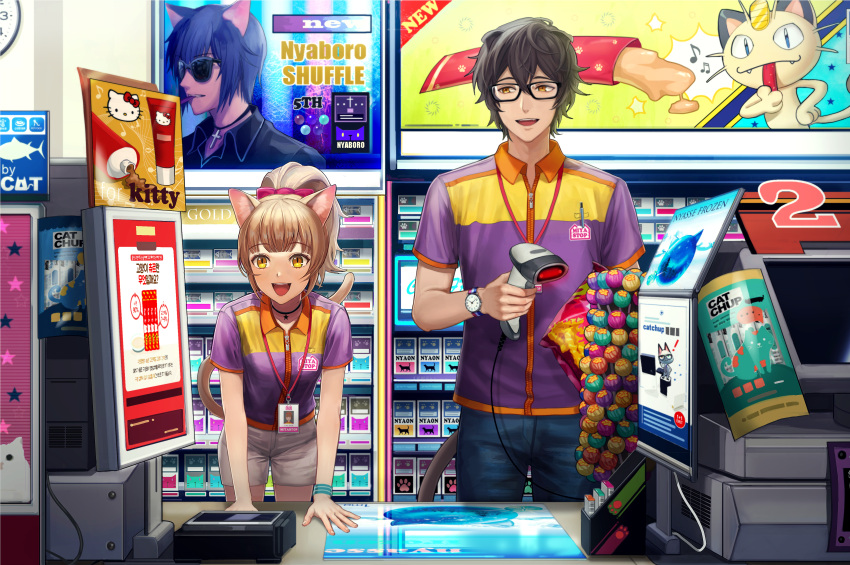 1boy 1girl :d absurdres ad animal_ears barcode_scanner beamed_sixteenth_notes bow brown_hair cat_ears cat_tail cigarette_pack clock convenience_store craple eighth_note glasses hair_bow hello_kitty hello_kitty_(character) highres id_card indoors lanyard leaning_forward meowth musical_note original pen pen_in_pocket pink_bow pokemon ponytail purple_shirt raymond_(animal_crossing) sanrio shirt shop shorts smile tail uniform watch wristband wristwatch yellow_eyes yellow_shirt