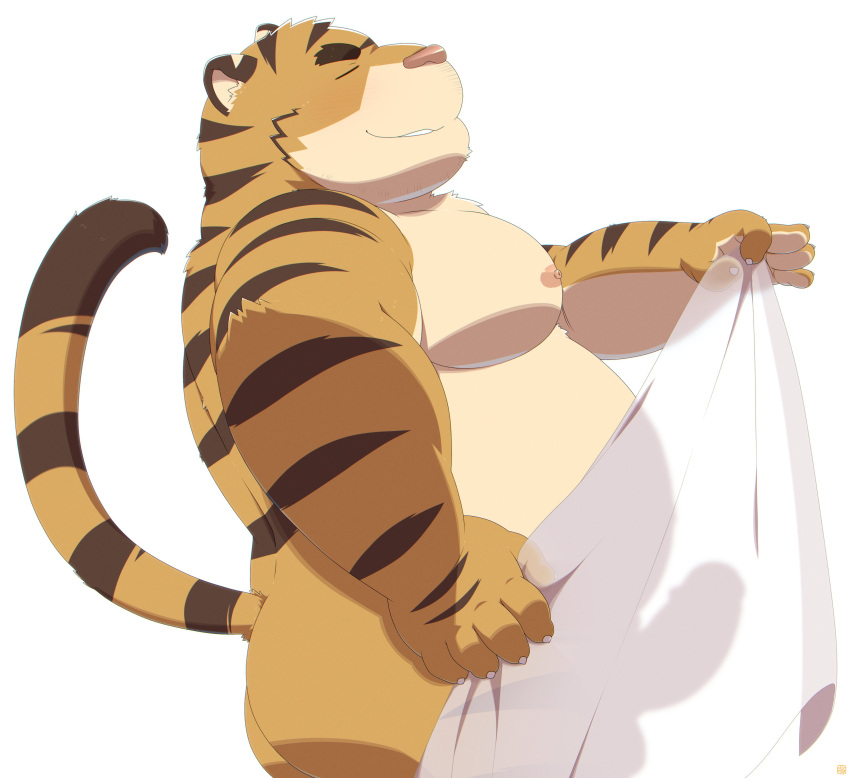 2023 absurd_res anthro barazoku belly big_belly eyes_closed felid hi_res kemono male mammal moobs nipples overweight overweight_male pantherine penis_shadow penta002 simple_background solo tiger towel white_background