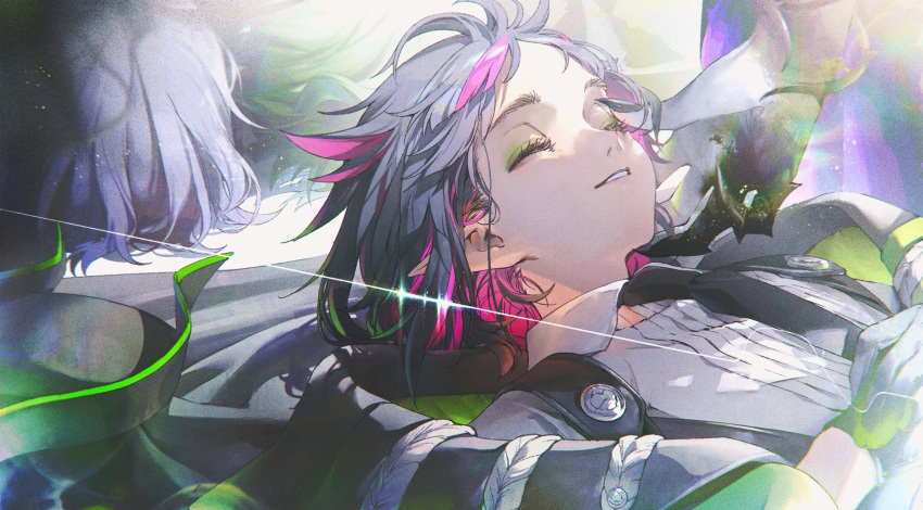 4boys androgynous black_hair closed_eyes facing_up grey_hair hat highres inuganeteru lilia_vanrouge male_focus malleus_draconia multicolored_hair multiple_boys pink_hair pointy_ears sebek_zigvolt short_hair silver_(twisted_wonderland) smile solo_focus teeth twisted_wonderland