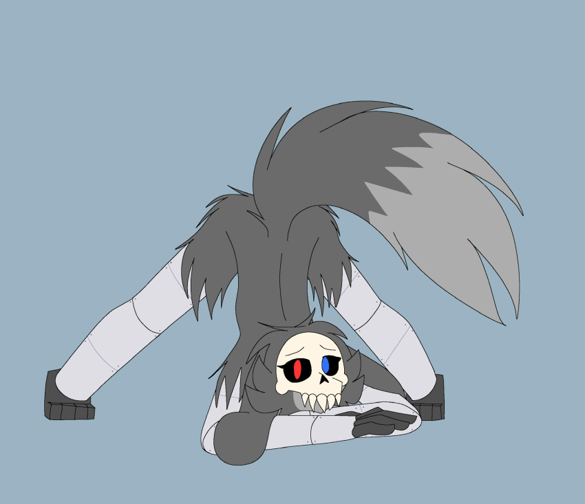 anthro ass_up bone canid canine digital_media_(artwork) female floppy_ears fox fur grey_body grey_fur hair heterochromia hi_res hybrid lagomorph leporid looking_at_viewer mammal rabbit robocattnsfw robotic_limbs rose_(robocatt) simple_background skull solo tail teeth