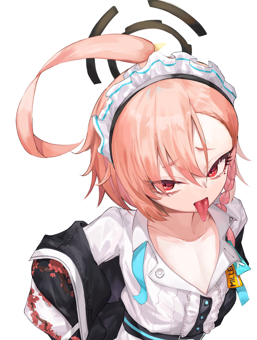 1girl absurdres ahoge blue_archive collarbone halo highres huge_ahoge jacket lechiennoir looking_at_viewer looking_up maid_headdress mole mole_under_eye neru_(blue_archive) open_collar simple_background solo sukajan tongue tongue_out upper_body white_background