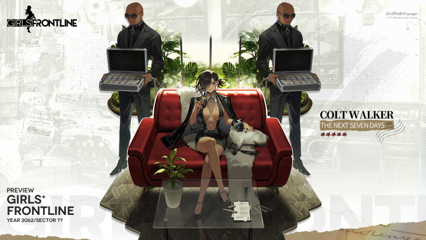 1girl 2boys artist_request black_hair black_jacket black_skirt breasts briefcase cat character_name clipboard closed_mouth colt_walker_(girls'_frontline) colt_walker_(the_next_seven_days)_(girls'_frontline) copyright_name couch crossed_legs cup dark-skinned_female dark-skinned_male dark_skin drinking_glass english_commentary english_text girls'_frontline glass_table green_eyes hair_over_one_eye highres holding holding_briefcase holding_cup jacket jewelry large_breasts looking_at_viewer multiple_boys necklace necklace_between_breasts official_alternate_costume on_couch plant potted_plant short_hair siamese_cat sitting skirt smile star_(symbol) suit table wine_glass