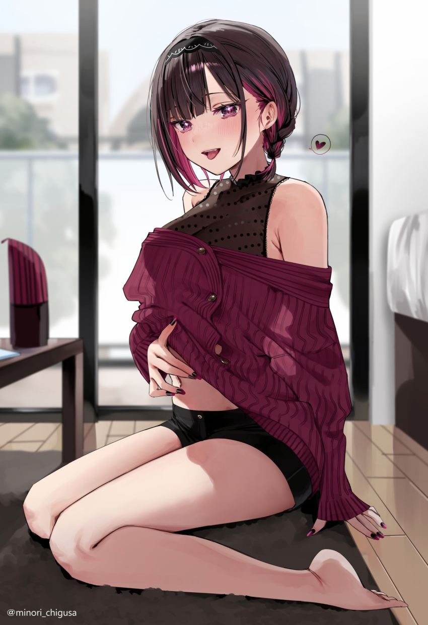 1girl :d bare_shoulders barefoot black_hair black_hairband black_nails black_shorts blush breasts brown_hair cardigan chigusa_minori cleavage colored_inner_hair commentary_request covered_collarbone full_body gradient_nails hairband highres indoors large_breasts looking_at_viewer midriff multicolored_hair nail_polish navel off_shoulder open_mouth purple_eyes purple_hair purple_nails red_cardigan see-through see-through_cleavage shino_to_ren shirayuki_ren short_braid short_hair shorts sitting smile solo thighs tongue tongue_out twitter_username two-tone_hair wariza