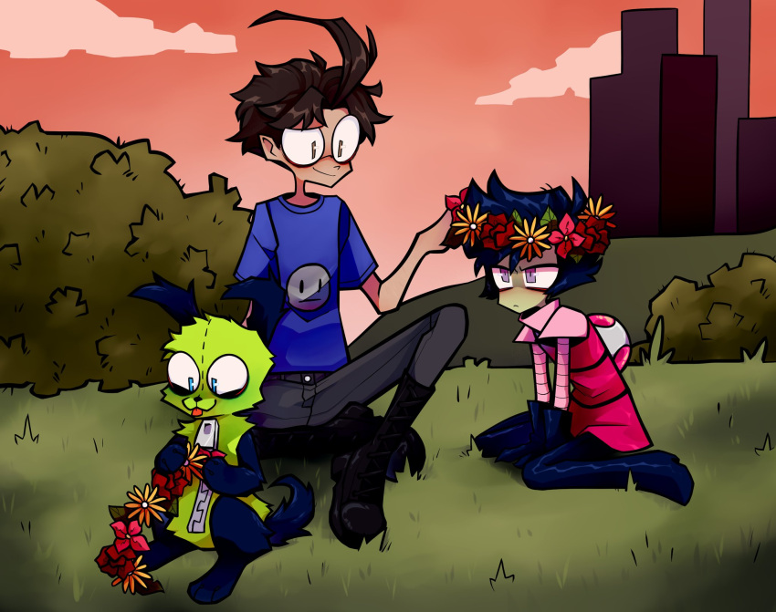 ahoge ambiguous_gender anthro black_hair boots bottomwear canid canine canis clothed clothing cloud denim denim_clothing detailed_background dib_membrane domestic_dog flower flower_crown footwear fully_clothed fur g4cruf0 gir_(invader_zim) grass green_body green_fur group hair hi_res human invader_zim jeans mammal nickelodeon outside pants plant shirt shrub sitting smile topwear trio zim_(invader_zim)