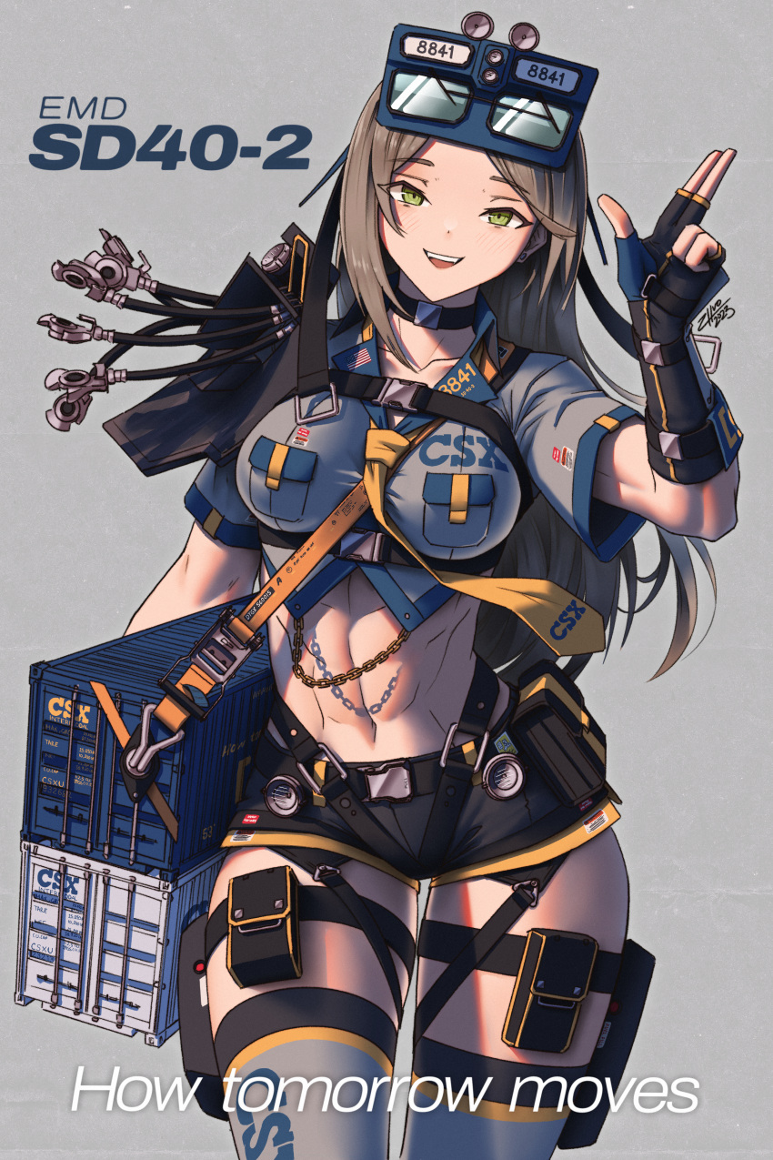 1girl :d abs absurdres brown_hair choker container english_text fingerless_gloves gloves green_eyes grey_background highres long_hair looking_at_viewer muscular muscular_female navel necktie original personification short_shorts shorts smile solo teeth thigh_strap thighhighs upper_teeth_only zhvo
