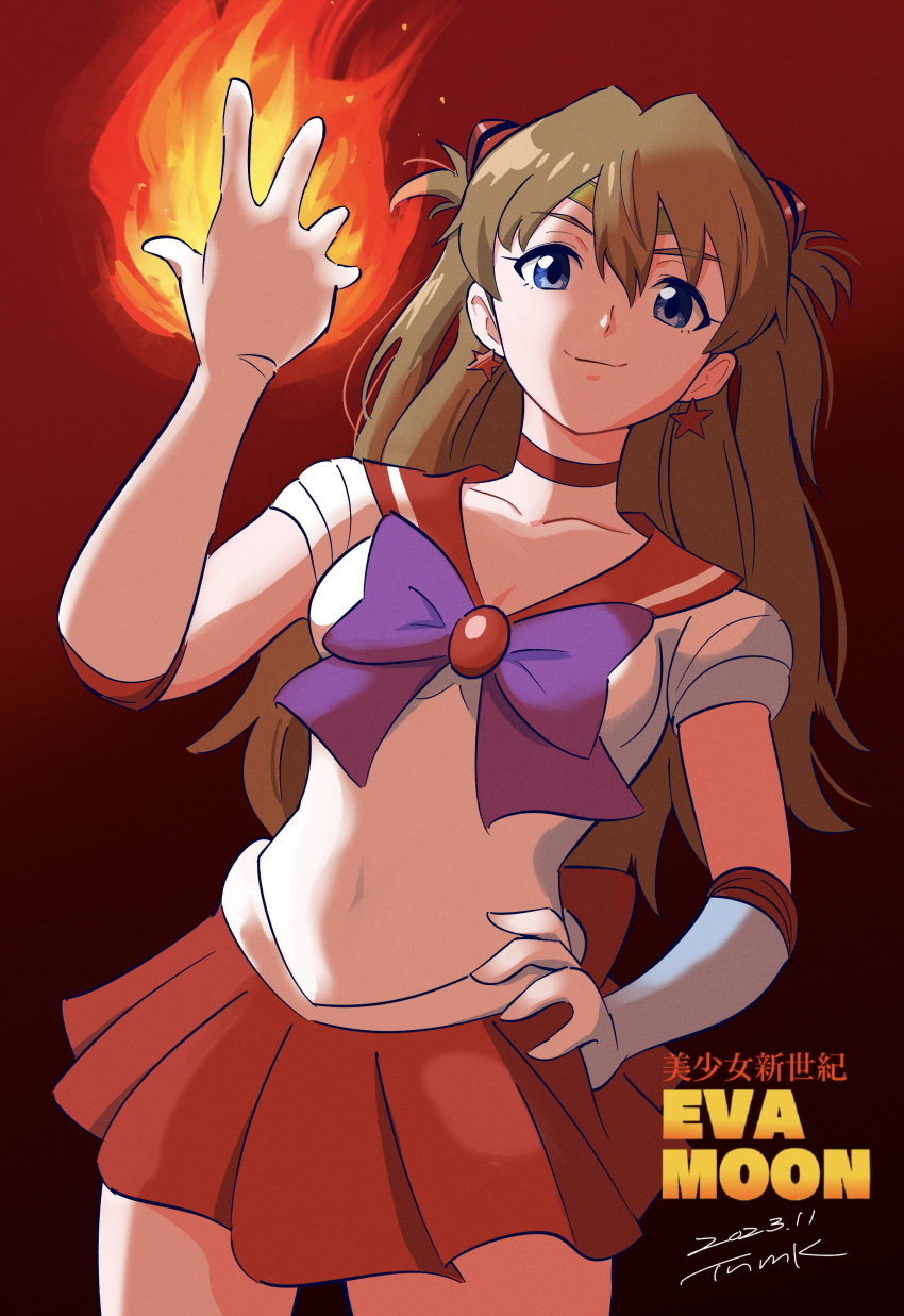 1girl absurdres back_bow bishoujo_senshi_sailor_moon blue_eyes bow breasts brown_hair choker cosplay cowboy_shot earrings elbow_gloves fire flaming_hand gloves highres interface_headset jewelry long_hair looking_at_viewer magical_girl medium_breasts miniskirt neon_genesis_evangelion pleated_skirt purple_bow red_choker red_sailor_collar sailor_collar sailor_mars sailor_mars_(cosplay) sailor_senshi_uniform skirt souryuu_asuka_langley star_(symbol) star_earrings tiara tsunemoku