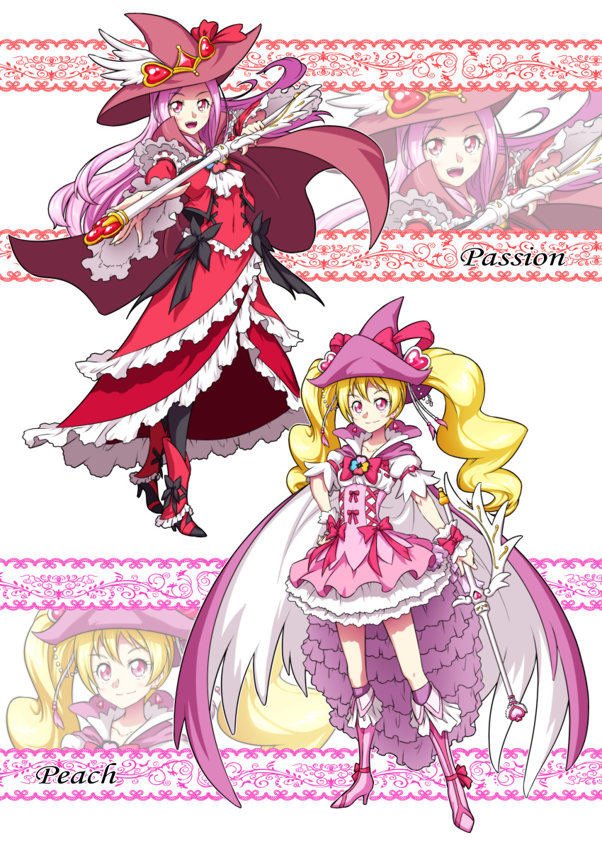 2girls :d absurdres adapted_costume alternate_costume black_pantyhose blonde_hair boots cape character_name commentary_request cure_passion cure_peach dress earrings eyelashes fresh_precure! frilled_dress frills hair_ornament happy hat higashi_setsuna high_heel_boots high_heels highres jewelry large_hat long_hair looking_at_viewer magical_girl matatabi_(karukan222) momozono_love multiple_girls open_mouth pantyhose pink_cape pink_dress pink_eyes pink_hair precure puffy_short_sleeves puffy_sleeves red_cape red_dress short_sleeves smile staff twintails wand witch witch_hat wrist_cuffs