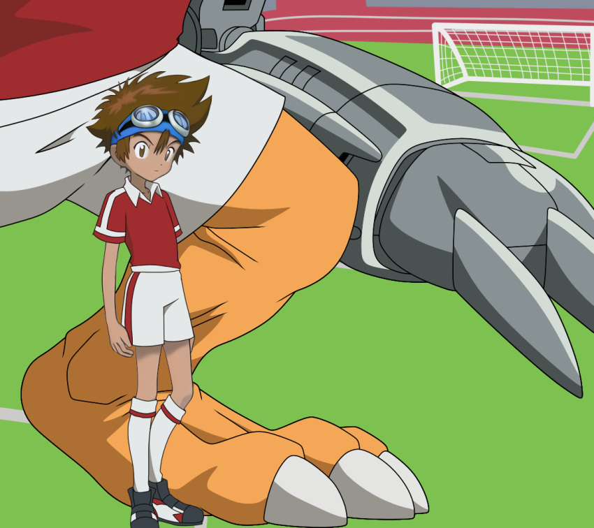 bandai_namco bottomwear clothing digimon digimon_(species) duo footwear human kitsune2000 male mammal metalgreymon shorts soccer socks sport sportswear taichi uniform yagami young