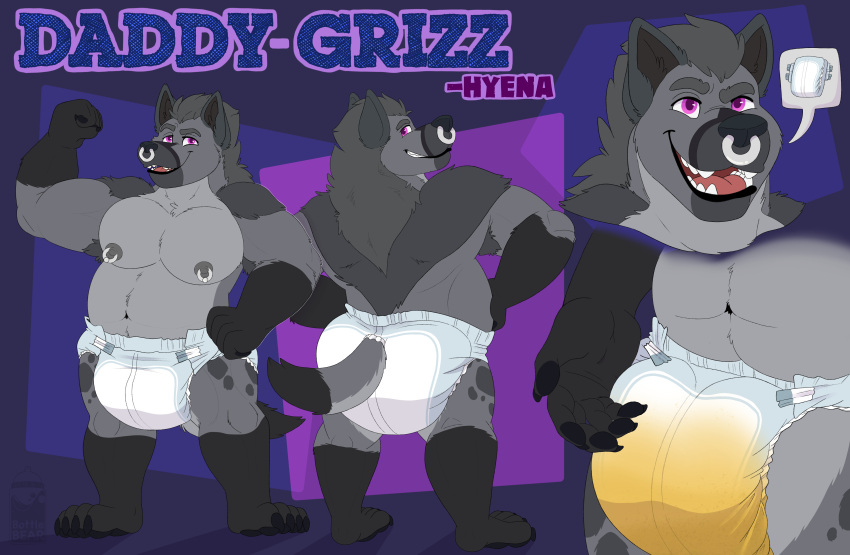 absurd_res anthro belly big_belly big_butt bodily_fluids bottlebear butt clothed clothing confidence confident diaper diaper_fetish diaper_only diapered_dominant facial_piercing fur genital_fluids grey_body grey_fur grizz_daddy hi_res hyena male male/male mammal model_sheet muscular muscular_anthro muscular_male navel nipple_piercing nipples nose_piercing nose_ring open_mouth overweight overweight_anthro overweight_male piercing ring_piercing simple_background slightly_chubby soggy_diaper solo standing tail teeth text tongue topless urine watersports wearing_diaper wet_diaper wetting