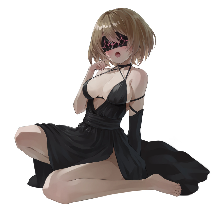 1girl absurdres aogiri_koukou bare_shoulders barefoot black_dress black_sleeves blindfold blush breasts brown_hair collarbone criss-cross_halter detached_sleeves dress halterneck highres kkix25 kurikoma_komaru low_neckline open_mouth pointing_at_mouth short_hair single_detached_sleeve solo tongue virtual_youtuber