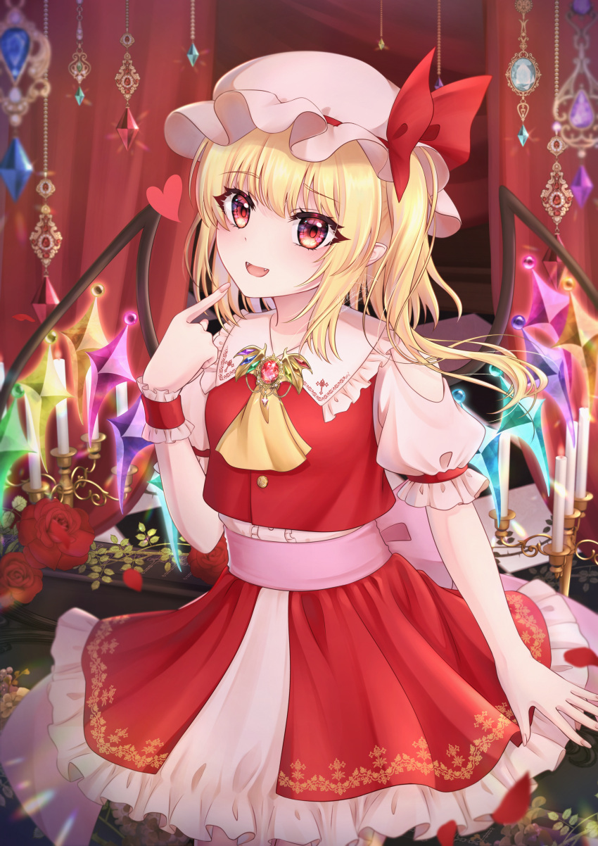 1girl :d absurdres ascot back_bow blonde_hair bow collared_shirt commentary_request cowboy_shot crystal crystal_wings fang flandre_scarlet flower frilled_shirt_collar frilled_skirt frilled_sleeves frills hat hat_ribbon heart highres indoors looking_at_viewer mob_cap multicolored_wings one_side_up open_mouth pink_bow pink_sash pointing pointing_at_self pointy_ears puffy_short_sleeves puffy_sleeves red_eyes red_flower red_ribbon red_rose red_skirt red_vest ribbon rina_sukareltuto rose sash shirt short_hair short_sleeves skirt skirt_set smile solo touhou vest white_headwear white_shirt wings yellow_ascot