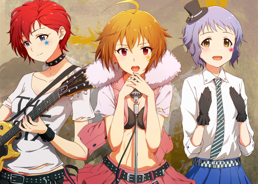 3girls :d ahoge ayano_yuu_(sonma_1426) bandeau belt black_bandeau black_gloves black_headwear blue_eyes blue_skirt bob_cut breasts brown_eyes brown_hair cleavage collared_shirt cowboy_shot cropped_jacket dot_nose facial_mark fur-trimmed_jacket fur_trim gloves green_necktie guitar hair_between_eyes hands_up hat highres holding holding_instrument ibuki_tsubasa idolmaster idolmaster_million_live! instrument jacket julia_(idolmaster) looking_at_viewer looking_down makabe_mizuki medium_breasts microphone microphone_stand mini_hat mini_top_hat multiple_girls music necktie open_clothes open_jacket open_mouth own_hands_together parted_hair pink_jacket pink_skirt playing_instrument pleated_skirt purple_hair raised_eyebrows red_eyes red_hair shirt short_bangs short_hair sidelocks skirt small_breasts smile star_(symbol) star_facial_mark sticker_on_face straight-on striped_necktie studded_belt t-shirt teeth top_hat torn_clothes torn_shirt upper_teeth_only white_shirt