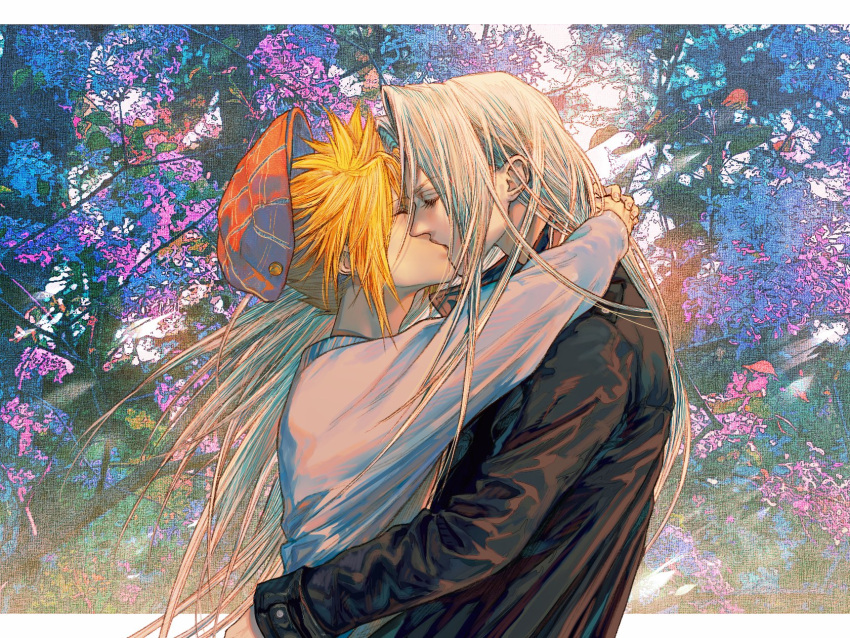 2boys alternate_costume arms_around_neck arms_around_waist black_shirt blonde_hair closed_eyes cloud_strife collared_shirt final_fantasy final_fantasy_vii flower hat highres kiss long_hair long_sleeves male_focus multiple_boys outdoors parted_bangs purple_flower red_headwear ry1115275908 sephiroth shirt short_hair spiked_hair sweater twilight white_hair white_shirt yaoi