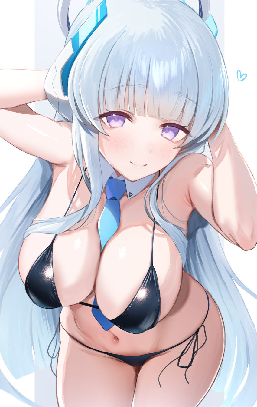 1girl absurdres alternate_costume armpits arms_up bikini black_bikini blue_archive blue_necktie blush breasts detached_collar grey_hair halo heart highres large_breasts long_hair looking_at_viewer navel necktie noa_(blue_archive) purple_eyes ray_mil68 side-tie_bikini_bottom simple_background smile solo stomach straight_hair string_bikini swimsuit very_long_hair white_background