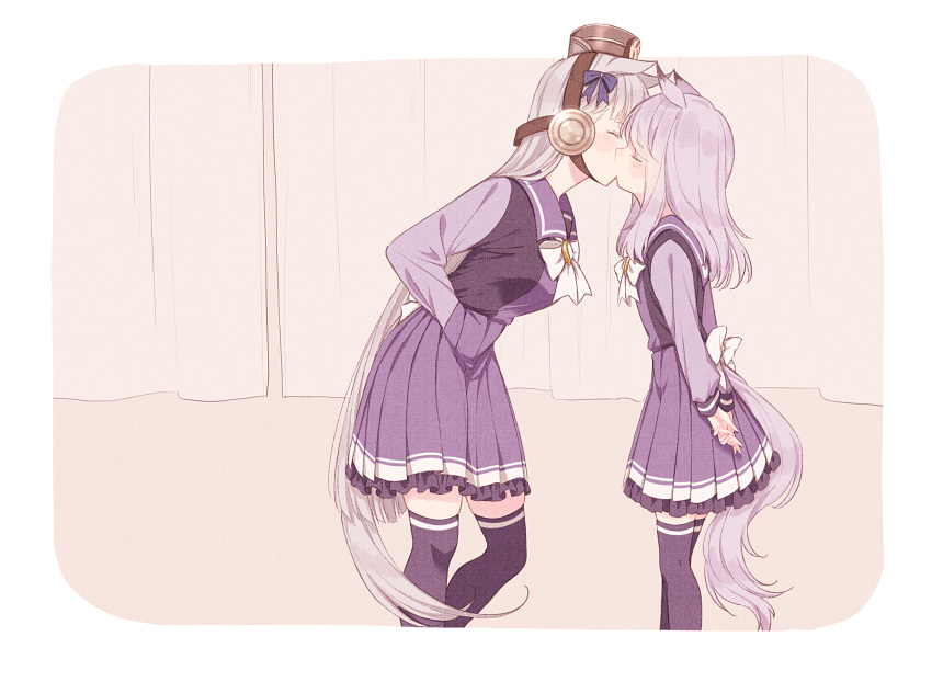 2girls absurdres animal_ears arms_behind_back back_bow blush border bow brown_headwear closed_eyes commentary_request cowboy_shot curtains ear_bow gold_ship_(umamusume) hands_in_pockets highres horse_ears horse_girl horse_tail kiss long_hair long_sleeves mejiro_mcqueen_(umamusume) multiple_girls petticoat pillbox_hat pleated_skirt purple_bow purple_hair purple_shirt purple_skirt purple_thighhighs sailor_collar shirt skirt tail tail_through_clothes tetora_(oudonoishiize) thighhighs umamusume white_border white_bow winter_uniform yuri