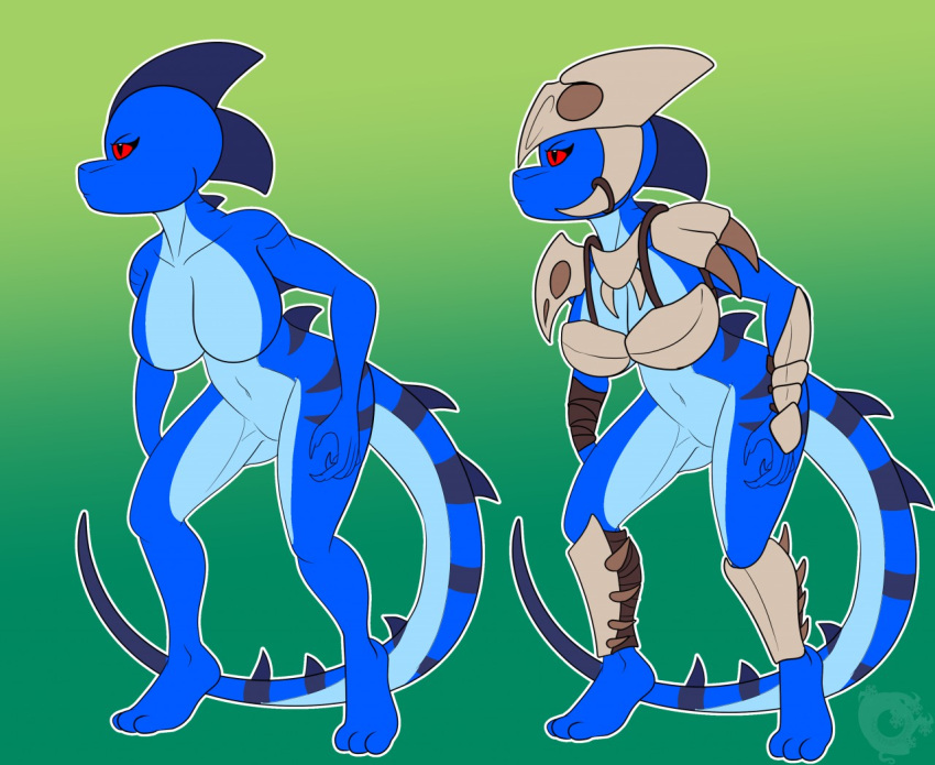 2019 3_toes anthro armor barefoot big_breasts bikini bikini_armor bikini_top black_stripes blue_body blue_scales blue_skin bone bone_armor bottomless breastplate breasts butt clawed_fingers claws clothed clothing digital_media_(artwork) featureless_breasts featureless_crotch feet female frown gauntlets gloves gorget gradient_background green_background handwear herm_(lore) intersex_(lore) june_(justathereptile) justathereptile komodo_dragon lizard lizardfolk monitor_lizard non-mammal_breasts nude pupils red_eyes reptile scales scalie schynbalds scutes simple_background skull_helmet slit_pupils solo spaulder stripes swimwear tail tail_spines tiptoes toes tribal tribal_armor unconvincing_armor watermark