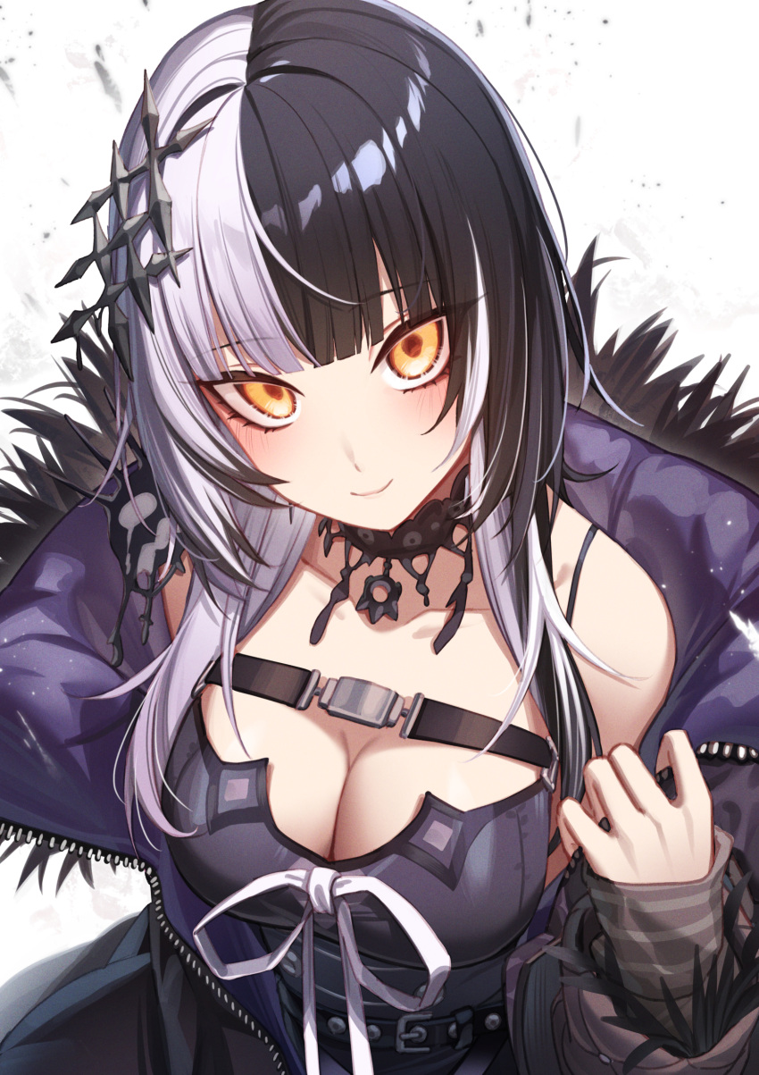 1girl absurdres black_hair blush breasts choker cleavage dress erezu fur_trim grey_hair hair_ornament highres hololive hololive_english jacket large_breasts long_hair looking_at_viewer multicolored_hair off_shoulder shiori_novella simple_background smile solo split-color_hair two-tone_hair upper_body virtual_youtuber white_background white_hair yellow_eyes yorick_(shiori_novella)