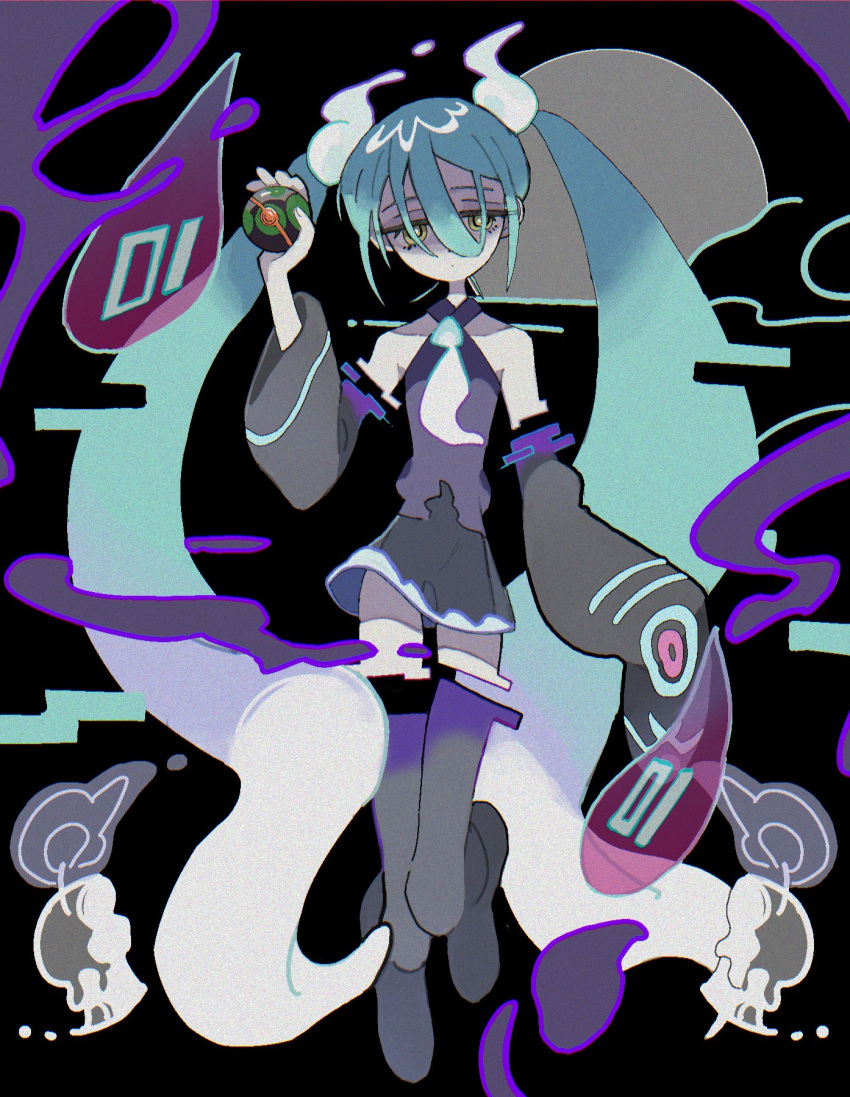 1girl aqua_hair bare_shoulders black_background candle closed_mouth commentary detached_arm detached_legs detached_sleeves dusk_ball expressionless floating ghost_miku_(project_voltage) glitch grey_skirt grey_sleeves grey_thighhighs hair_between_eyes half-closed_eyes hand_up hatsune_miku highres holding holding_poke_ball long_hair looking_at_viewer multicolored_hair necktie pale_skin poke_ball pokemon project_voltage purple_shirt see-through see-through_skirt shirt skirt sleeves_past_fingers sleeves_past_wrists solo symbol-only_commentary tabun_ningen thighhighs twintails very_long_hair vocaloid white_hair white_necktie will-o'-the-wisp_(mythology) yellow_eyes