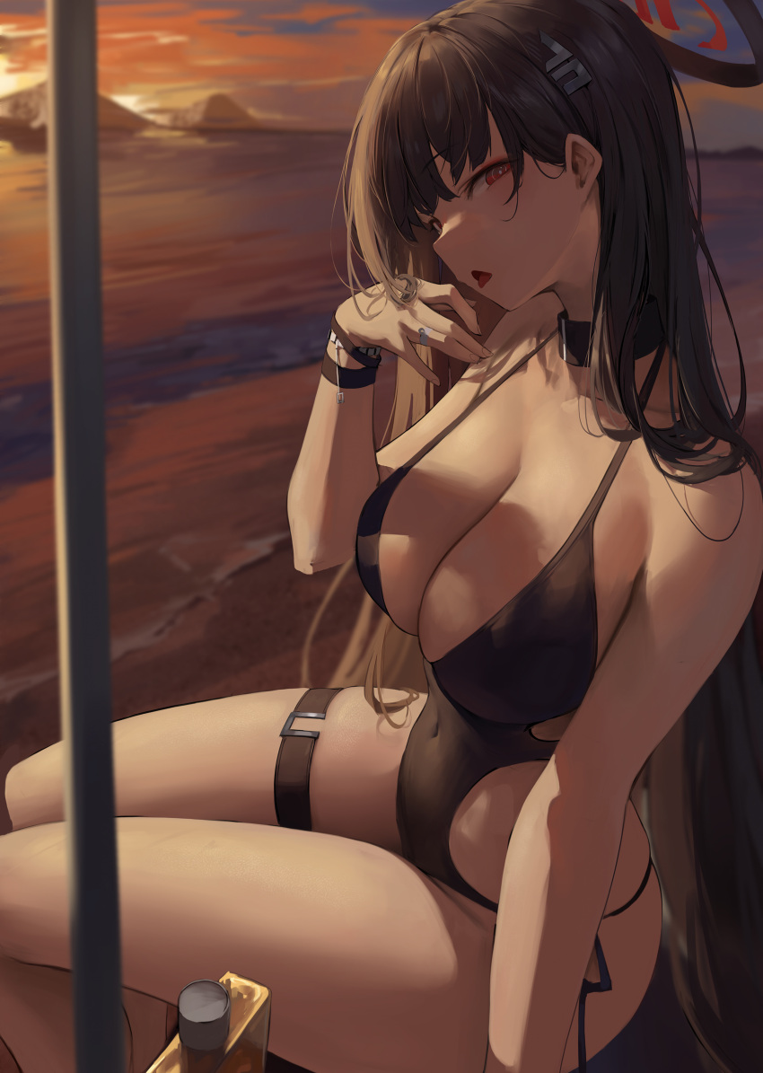1girl absurdres bare_shoulders beach black_hair black_one-piece_swimsuit blue_archive breasts choker cleavage collarbone gradient_sky hair_ornament hairclip halo highres large_breasts leviathan_(hikinito0902) long_hair looking_at_viewer one-piece_swimsuit open_mouth orange_sky red_eyes rio_(blue_archive) shore sky solo sunset swimsuit thighs twilight very_long_hair