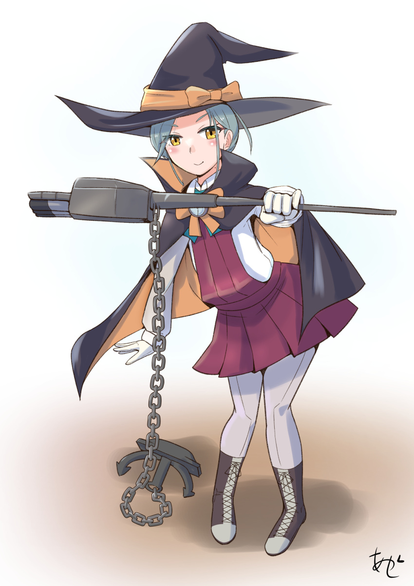 1girl adapted_turret akashieru anchor asashio_(kancolle) asashio_(kancolle)_(cosplay) black_cape black_headwear boots bow bowtie cannon cape chain cosplay cross-laced_footwear dress forehead full_body grey_hair grey_pantyhose halter_dress halterneck hat highres kantai_collection lace-up_boots leaning_forward mole mole_on_neck orange_bow orange_bowtie pantyhose pleated_dress purple_dress short_hair signature solo swept_bangs tamanami_(kancolle) turret witch_hat yellow_eyes