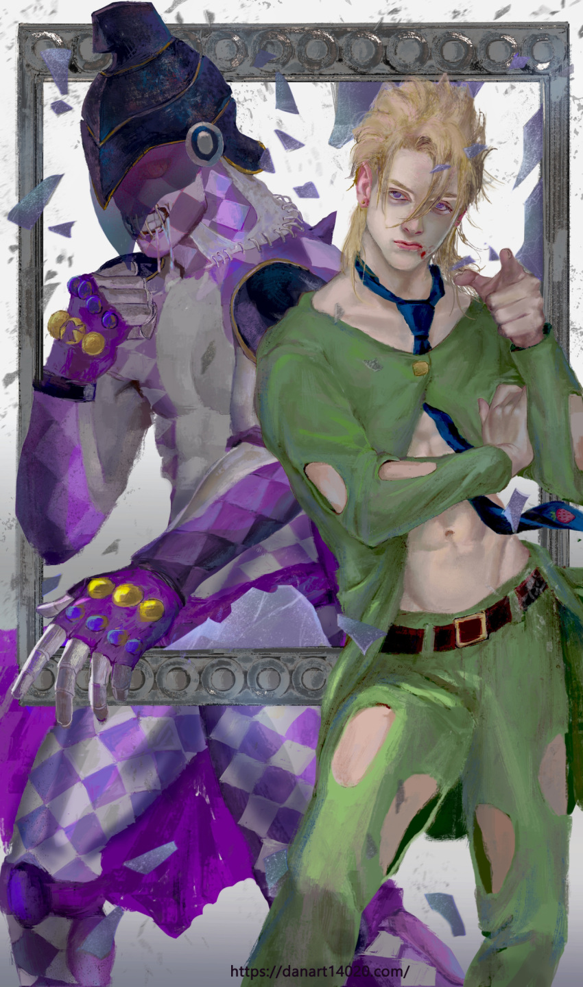 1boy blonde_hair blood blood_on_face broken_mirror closed_mouth clothing_cutout commentary_request danart14020 earrings green_jacket green_pants highres jacket jewelry jojo_no_kimyou_na_bouken long_sleeves looking_at_viewer male_focus mirror navel necktie pannacotta_fugo pants pointing purple_eyes purple_haze_(stand) realistic stand_(jojo) vento_aureo