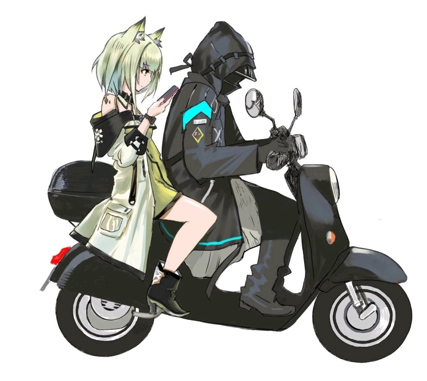 1girl 1other ambiguous_gender animal_ear_fluff animal_ears ankle_boots arknights black_coat black_footwear black_gloves black_pants boots cat_ears cellphone coat doctor_(arknights) dress driving full_body gloves green_dress green_hair holding holding_phone hood hood_up hooded_coat jacket kal'tsit_(arknights) kantaro looking_at_phone mask motor_vehicle off_shoulder on_scooter oripathy_lesion_(arknights) pants parody phone scooter short_hair simple_background smartphone star_of_life white_background white_jacket