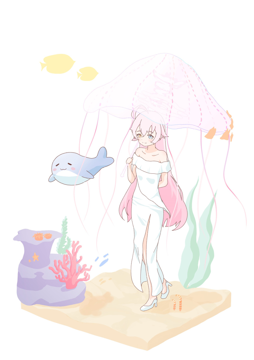 1girl absurdres ahoge arm_behind_back blue_archive blue_eyes collarbone commentary_request coral coral_reef dress enobun3gyo fish heterochromia high_heels highres holding holding_umbrella hoshino_(blue_archive) long_hair off-shoulder_dress off_shoulder pink_hair sand simple_background solo standing starfish umbrella whale white_background white_dress yellow_eyes