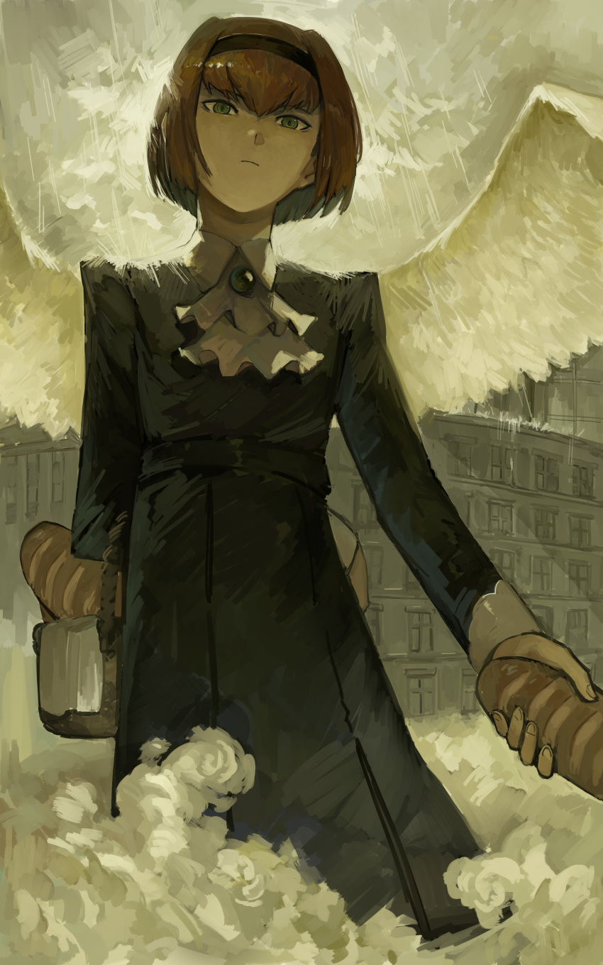 1girl absurdres angel_wings basket black_dress black_headband brown_hair dress fog food from_above green_eyes headband highres holding holding_food kornod light_frown loaf_of_bread long_sleeves r_dorothy_wayneright serious short_hair solo the_big_o wings