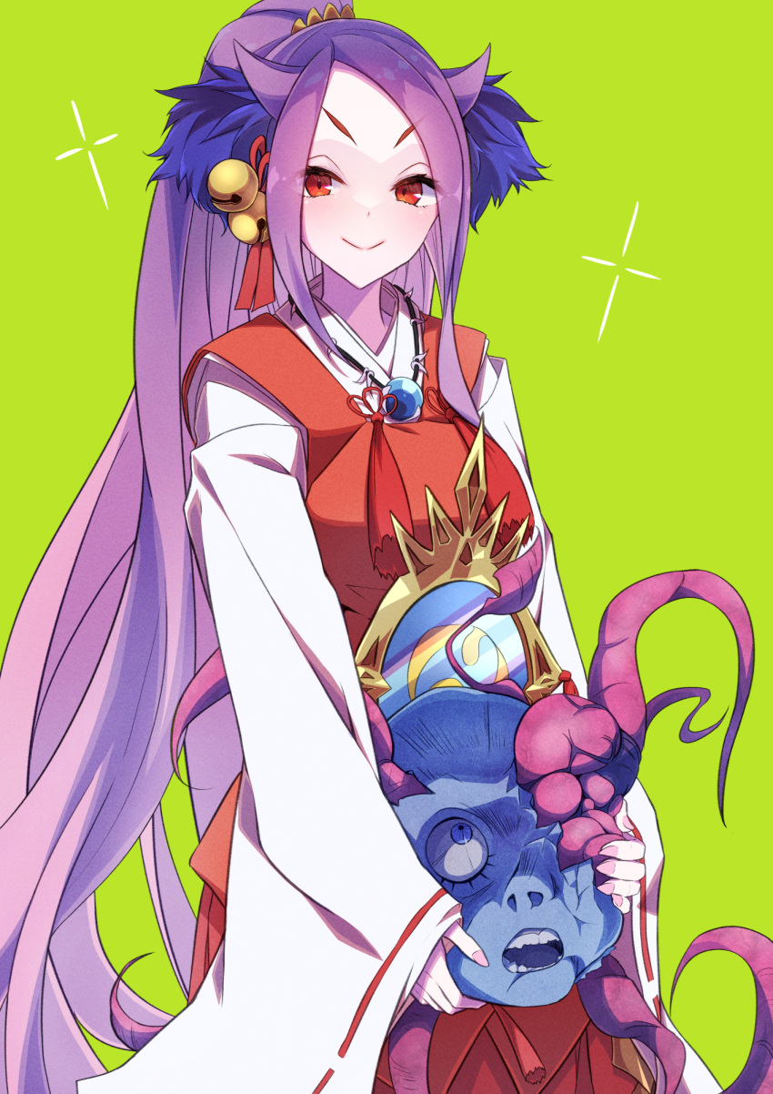 1girl 1other animal_ears bell blue_eyes breasts dakki_the_graceful_mayakashi doll_head duel_monster green_background hair_bell hair_ornament highres holding_head large_breasts long_sleeves looking_up mosu_(korikan) necroface open_mouth purple_hair red_eyes sleeves_past_wrists smile tentacles wide_sleeves yu-gi-oh!