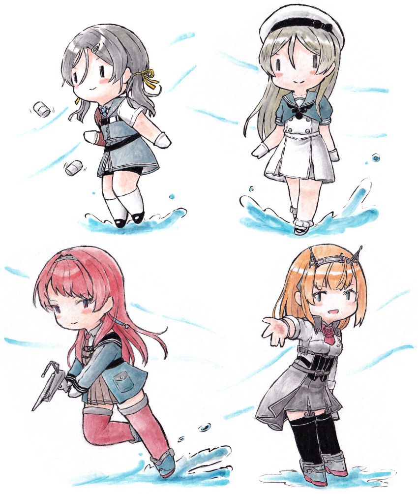 4girls black_thighhighs blonde_hair blue_sailor_collar breasts chibi closed_mouth depth_charge dress garter_straps gloves grey_hair hair_between_eyes hair_ornament hair_ribbon hairband hairclip headgear highres holding inagi_(kancolle) javelin_(kancolle) kantai_collection long_hair long_sleeves multiple_girls nevada_(kancolle) open_mouth pleated_skirt poipoi_purin red_hair red_thighhighs ribbon rodney_(kancolle) sailor_collar sailor_dress short_hair simple_background skirt smile socks thighhighs white_gloves white_socks yellow_ribbon
