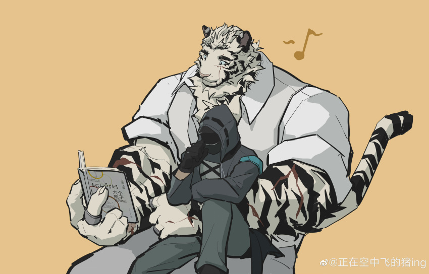 2boys absurdres animal_ears arknights artist_request bara book collared_shirt coughing doctor_(arknights) facial_hair feet_out_of_frame forearms furry furry_male goatee highres holding holding_book jewelry large_hands male_doctor_(arknights) male_focus mountain_(arknights) mountain_(book_reader)_(arknights) multiple_boys muscular muscular_male musical_note official_alternate_costume pants reading ring scar scar_across_eye scar_on_arm shirt short_hair sitting sitting_on_lap sitting_on_person size_difference tail thick_arms thick_eyebrows tiger_boy tiger_ears tiger_tail white_hair white_pants yaoi