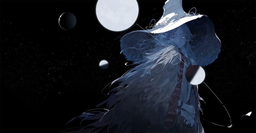 1girl blue_eyes blue_hair blue_skin cloak colored_skin cropped_torso doll doll_joints dress elden_ring extra_arms extra_faces fur_cloak glowing glowing_eye highres joints long_hair moon moon_phases one_eye_closed own_hands_together ranni_the_witch saberiii space star_(sky) wavy_hair white_dress white_headwear
