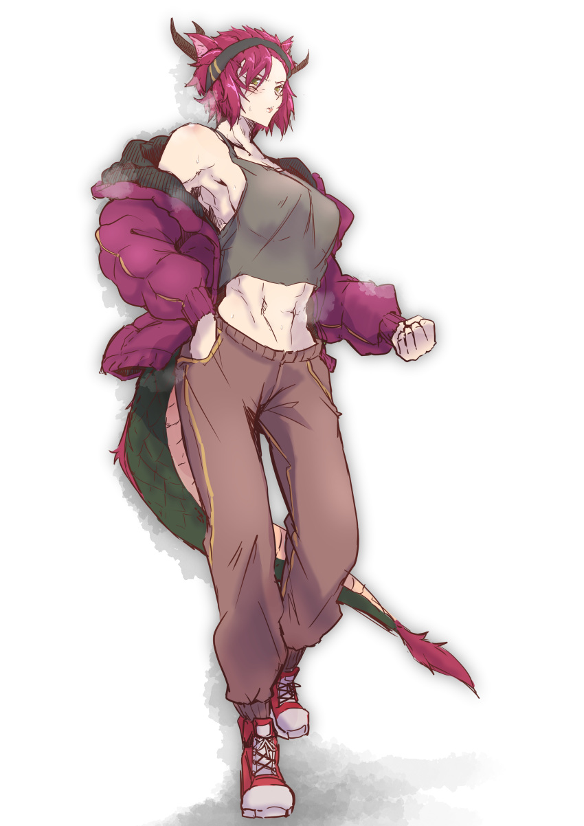 1girl abs absurdres alternate_costume bare_shoulders breasts clenched_hand comic_hand crop_top dragon_girl dragon_horns dragon_tail duel_monster full_body headband highres horns jacket midriff muscular muscular_female open_clothes open_jacket pants red_hair shoes short_hair sketch solo tail tank_top yellow_eyes yu-gi-oh! zoodiac_drident