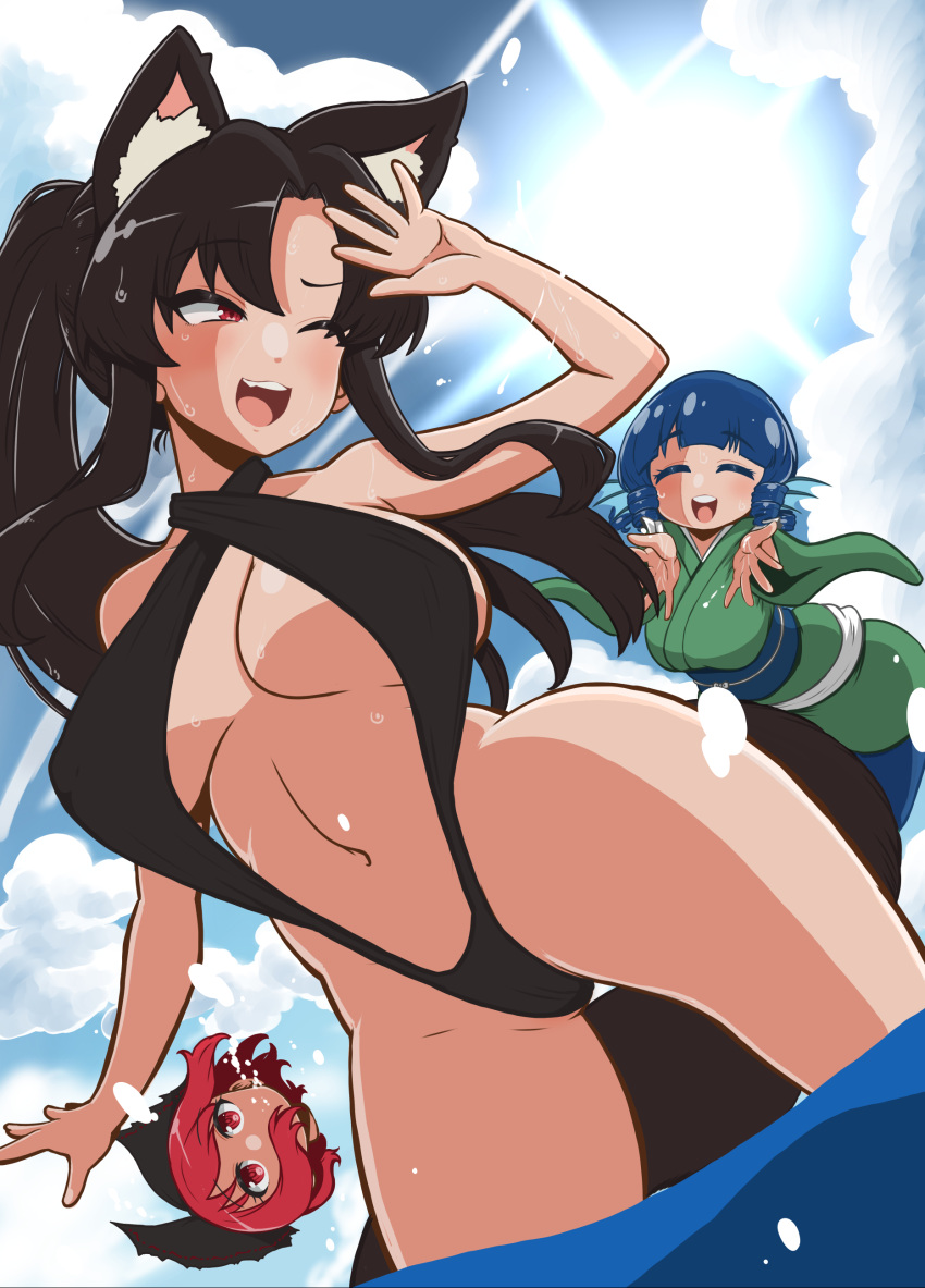 3girls absurdres alternate_costume animal_ear_fluff animal_ears black_bow black_one-piece_swimsuit blue_hair blue_sash blue_sky blunt_bangs blush bow breasts brown_hair closed_eyes cloud commentary_request cowboy_shot day disembodied_head drill_hair drill_sidelocks dutch_angle fins grass_root_youkai_network green_kimono hair_bow head_fins highres himajin_noizu imaizumi_kagerou japanese_clothes kimono large_breasts long_hair looking_at_another medium_bangs mermaid monster_girl multiple_girls navel obi one-piece_swimsuit open_mouth outdoors parted_bangs red_eyes red_hair round_teeth sash sekibanki short_hair sidelocks sky slingshot_swimsuit smile splashing sun swimsuit tail teeth touhou upper_teeth_only wakasagihime water wolf_ears wolf_girl wolf_tail