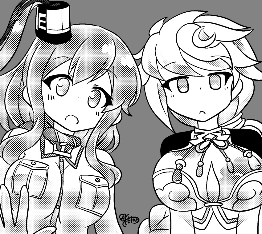 2girls anchor_ornament asymmetrical_hair battle_effectiveness_award ben-day_dots braid breast_pocket breasts cloud_print greyscale high_side_ponytail highres jitome kantai_collection kinoshita_tsubomi large_breasts monochrome multiple_girls neckerchief one-hour_drawing_challenge pocket ponytail saratoga_(kancolle) screentones side_ponytail single_braid smokestack_hair_ornament unryuu_(kancolle) upper_body