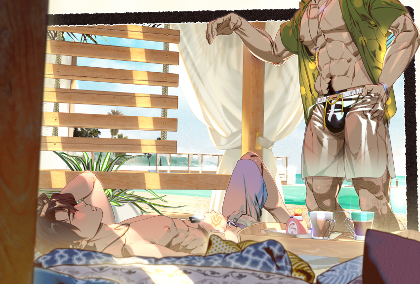 2boys abs absurdres bara bare_pectorals beach black_hair black_male_swimwear chiizu_namasu closed_eyes cloud command_spell day fate/grand_order fate_(series) fujimaru_ritsuka_(male) green_shirt hector_(fate) highres jewelry large_pectorals lying male_focus male_swimwear multiple_boys muscular muscular_male navel necklace nipples on_back open_clothes open_shirt outdoors pectorals see-through shirt short_hair sky swim_briefs textless_version topless_male white_male_swimwear yaoi