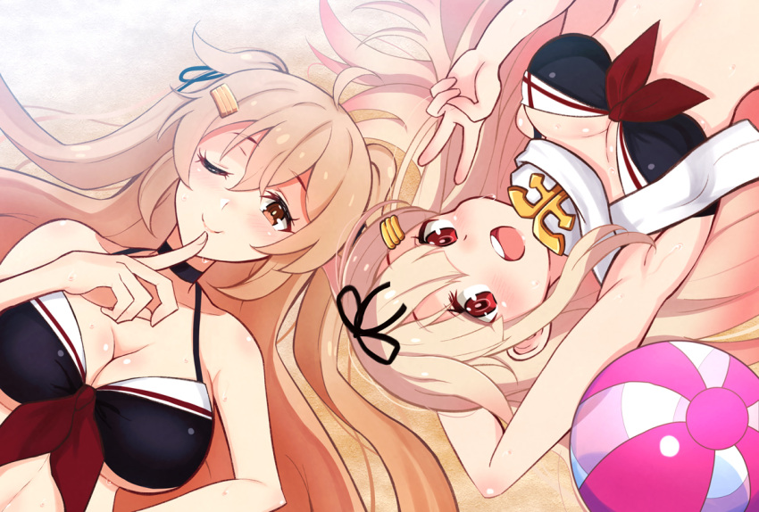 2girls adapted_costume ball beachball bikini black_bikini black_ribbon blonde_hair breasts cleavage hair_flaps hair_ornament hair_ribbon hairclip kantai_collection kuroten large_breasts light_brown_hair long_hair looking_at_viewer medium_breasts multiple_girls murasame_(kancolle) murasame_kai_ni_(kancolle) one_eye_closed open_mouth red_eyes ribbon round_teeth scarf swimsuit teeth two_side_up upper_body upper_teeth_only v white_scarf yuudachi_(kancolle) yuudachi_kai_ni_(kancolle)