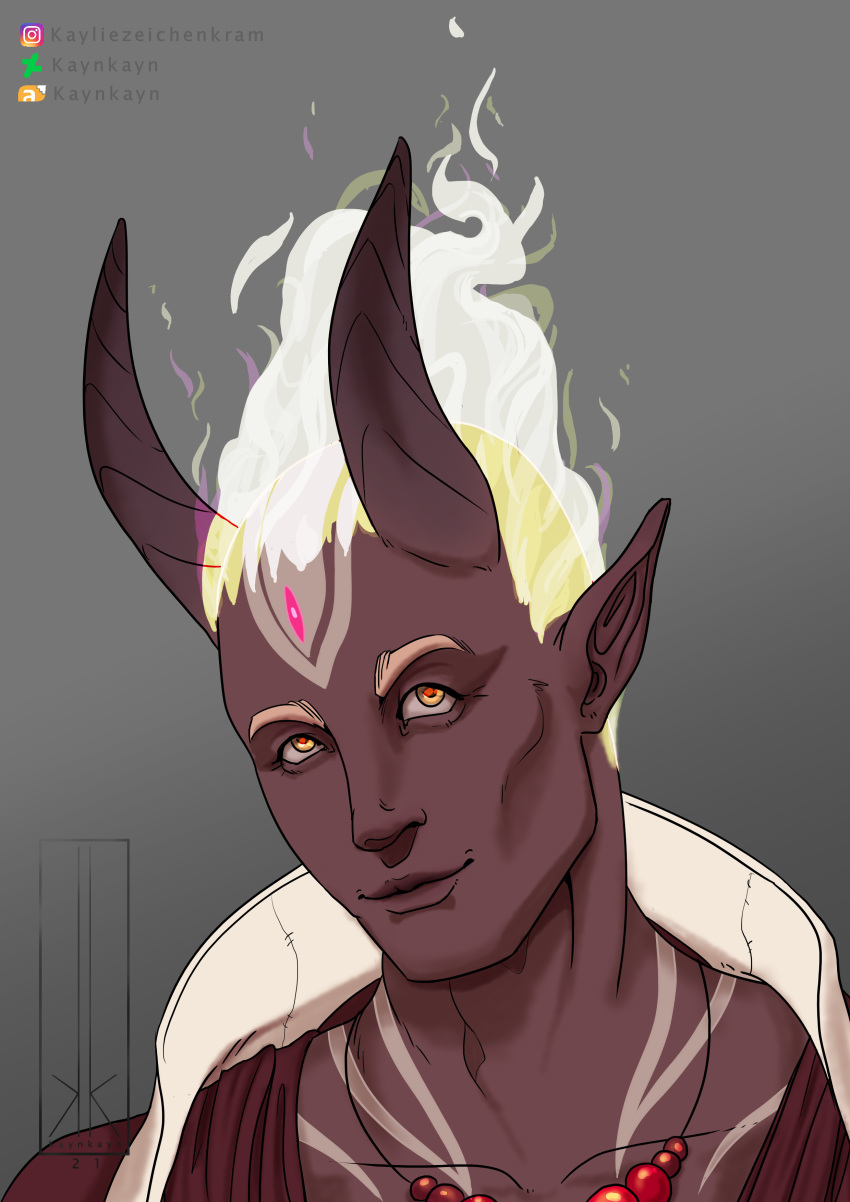 absurd_res artfight blonde_hair burning darkskinned demon dungeons_and_dragons elf hair hasbro hi_res horn humanoid light male pathfinder pnp roleplay tiefling wizards_of_the_coast