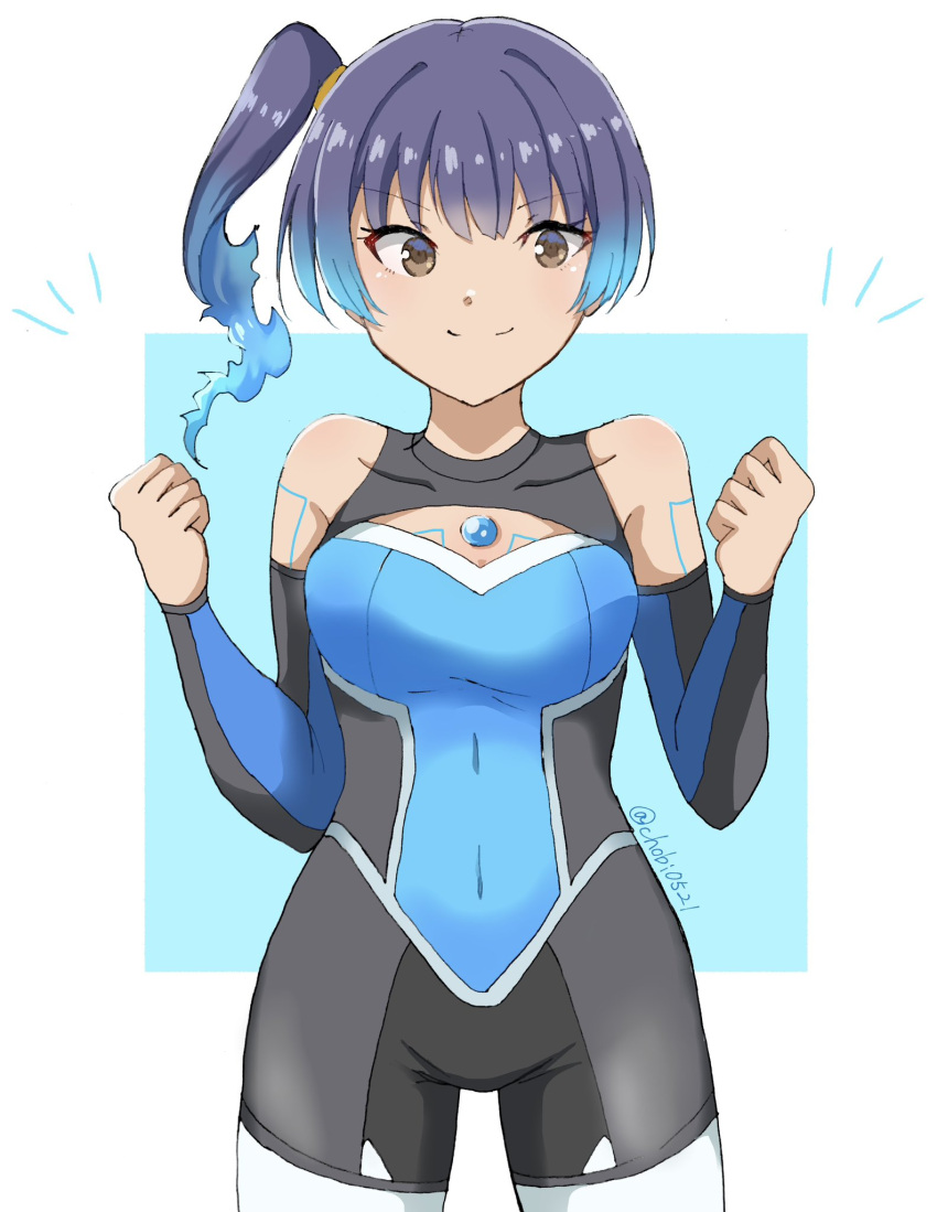 1girl blue_hair bodysuit breasts brown_eyes chest_jewel chobi0521 clenched_hand closed_mouth commentary_request covered_navel cowboy_shot diving_suit fiery_hair glowing_lines highres looking_at_viewer official_alternate_costume sena_(xenoblade) side_ponytail smile solo wetsuit xenoblade_chronicles_(series) xenoblade_chronicles_3