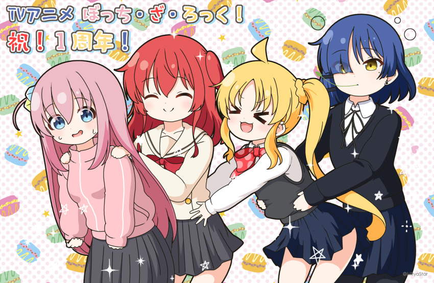 &gt;_&lt; 4girls :d ^_^ black_pantyhose black_ribbon black_sweater blonde_hair blue_hair blue_skirt blush bocchi_the_rock! bow closed_eyes closed_mouth collared_shirt commentary_request earrings eyes_visible_through_hair gotoh_hitori grey_skirt hair_over_one_eye hands_on_another's_shoulders hands_on_another's_waist ijichi_nijika jacket jewelry kita_ikuyo long_sleeves mitya mole mole_under_eye multiple_girls neck_ribbon nervous_smile one_side_up pantyhose parted_bangs pink_hair pink_jacket pleated_skirt polka_dot polka_dot_background polka_dot_bow puffy_long_sleeves puffy_sleeves red_bow red_hair ribbon sailor_collar school_uniform serafuku shirt side_ponytail skirt sleeves_past_wrists smile sparkle stud_earrings sweat sweater sweater_vest track_jacket translation_request twitter_username white_background white_sailor_collar white_shirt xd yamada_ryo yellow_eyes