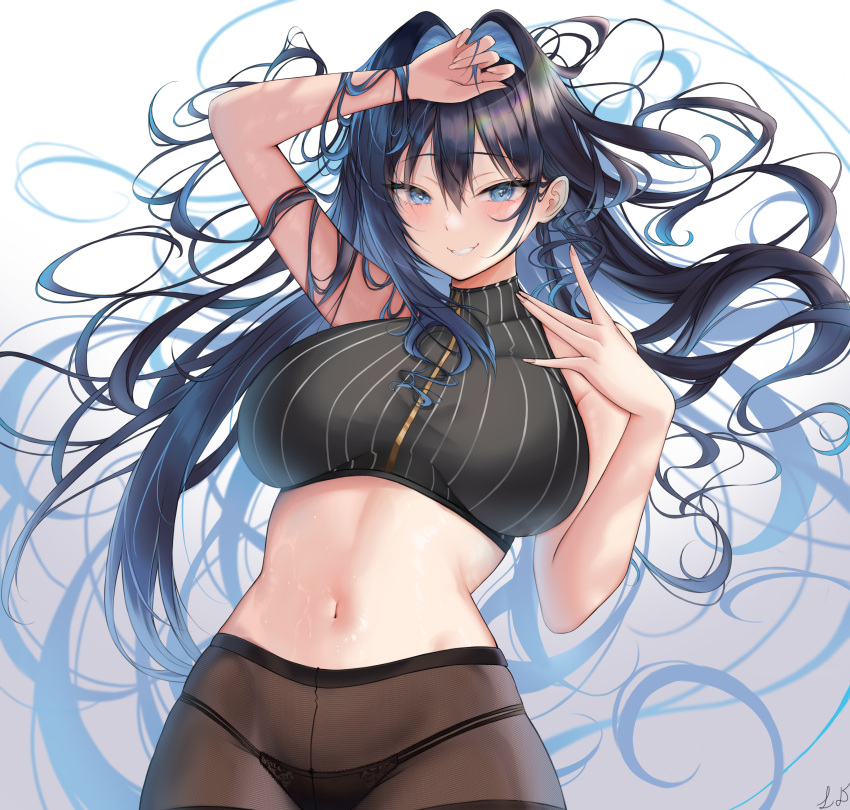 1girl absurdres blue_eyes blue_hair blush breasts colored_inner_hair hair_between_eyes highres hololive large_breasts leon_decarabia long_hair looking_at_viewer multicolored_hair navel official_alternate_hairstyle open_mouth ouro_kronii panties panties_under_pantyhose pantyhose smile solo thighs underwear virtual_youtuber white_background