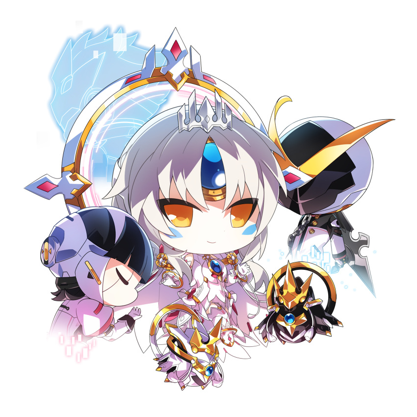 1boy 2girls black_hair boots chibi closed_eyes closed_mouth code:_esencia_(elsword) commentary_request crown dress elsword energy eve_(elsword) facial_mark flat_chest gem gem_on_head gloves gold_trim halo highres light_smile looking_at_viewer machine mechanical_halo moby_(elsword) mulook multiple_girls orange_eyes remy_(elsword) robot short_hair white_dress