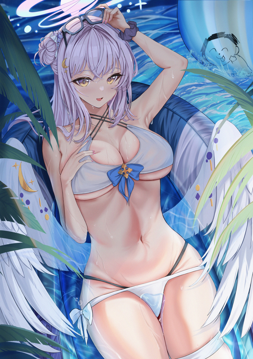 1girl about_fg absurdres alternate_costume arona's_sensei_doodle_(blue_archive) bikini blue_archive blush breasts cleavage criss-cross_halter eyewear_on_head feathered_wings halo halterneck hand_on_own_chest highres large_breasts looking_at_viewer lying mika_(blue_archive) navel on_back palm_leaf scrunchie sensei_(blue_archive) skindentation smile solo stomach swimsuit white_bikini white_wings wings wrist_scrunchie