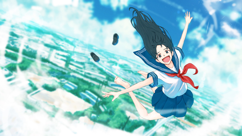 1girl :d absurdres barefoot black_footwear black_hair blue_eyes blue_sailor_collar blue_skirt blue_sky city cloud cloudy_sky day dot_nose falling feet_up floating_hair forehead highres horizon long_hair miniskirt neckerchief oka_kojiro open_mouth original outdoors outstretched_arms pleated_skirt red_neckerchief sailor_collar school_uniform serafuku shirt shoe_loss shoes shoes_removed short_sleeves sidelocks skirt sky sleeve_cuffs smile soles solo straight_hair white_shirt