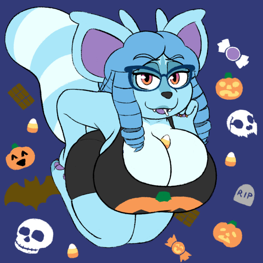 anthro big_breasts blue_body blue_fur blue_hair bone breasts candy candy_corn chocolate chocolate_bar claws cleavage clothed clothing colored_nails countershading dessert drill_curls eyewear fangs female food fur glasses hair hand_on_butt hand_on_hip hand_on_own_butt hand_on_own_hip hi_res huge_breasts jack-o'-lantern jade_(jadebbutts) jadebbutts mammal markings nails orange_claws orange_eyes orange_nails pawpads pink_eyes procyonid purple_pawpads purple_tongue raccoon shirt skull solo striped_markings striped_tail stripes tail tail_markings tank_top teeth tongue topwear